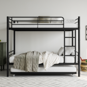 Twin Bunk Bed With Trundle Metal Bunkbeds With Ladder And Full-Length Guardrail, Noise Free, No Box Spring Needed, Black