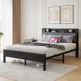 Queen Size Bed Frame, Black Storage Headboard With Charging Station, Solid And Stable, No Box Spring Needed, Easy Assembly