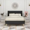 Full size Mid-Century Black Linen Platform Bed Frame with Upholstered Headboard