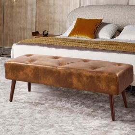 Brown Leather End-of-Bed Bench with Wood Legs