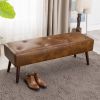 Brown Leather End-of-Bed Bench with Wood Legs