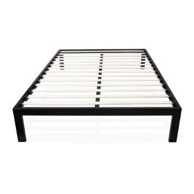 Full Black Metal Platform Bed with Wooden Slats