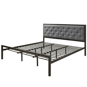 King Metal Platform Bed with Gray Tufted Headboard