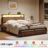 King size Platform Bed with Headboard and Storage Drawers in Brown Wood Finish