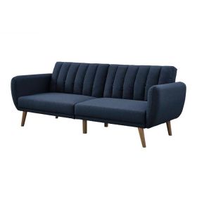 Navy Linen Futon Sofa Bed with Modern Mid-Century Style Wooden Legs