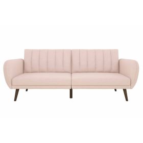 Pink Linen Futon Sofa Bed with Modern Mid-Century Style Wooden Legs