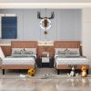 Set of 2 - Twin size Brown Tan Tufted Upholstered Platform Bed with Headboard