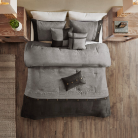 7 Piece Faux Suede Comforter Set, Grey, Tan, Brown - Cal king, king, queen