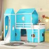 Twin Size Loft Bed with Slide Blue Tent and Tower - Blue