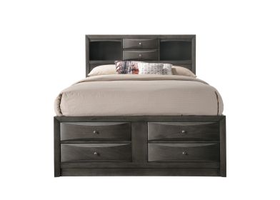 1pc Contemporary Queen Captain's Platform Bed Bookcase Shelves Headboard Side Storage Solid Wood Wooden Bedroom Furniture Grey Finish