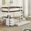 Twin-Over-Twin Bunk Bed with Twin size Trundle, Storage and Desk, White + Walnut