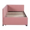 Upholstered Daybed with Trundle Twin Size Sofa Bed Frame No Box Spring Needed, Linen Fabric(Pink)