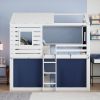 Twin Size Bunk Wood House Bed with Tent, Blue+White
