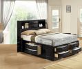 1pc Contemporary Queen Captain's Platform Bed Bookcase Shelves Headboard Side Storage Solid Wood Wooden Bedroom Furniture Black Finish