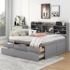 Full Size Wooden Captain Bed with Built-in Bookshelves,Three Storage Drawers and Trundle,Light Grey(Old SKU:GX001029AAE)