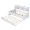 Twin Size Wooden Captain Bed with Built-in Bookshelves,Three Storage Drawers and Trundle, White Wash