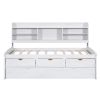 Twin Size Wooden Captain Bed with Built-in Bookshelves,Three Storage Drawers and Trundle, White Wash