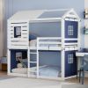 Twin Size Bunk Wood House Bed with Tent, Blue+White