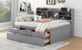 Full Size Wooden Captain Bed with Built-in Bookshelves,Three Storage Drawers and Trundle,Light Grey(Old SKU:GX001029AAE)