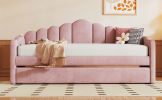 Twin size Upholstered Daybed with Trundle ,Velvet Sofabed with USB Charging Ports,No Box-spring Needed,Pink