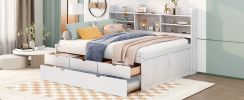 Full Size Wooden Captain Bed with Built-in Bookshelves,Three Storage Drawers and Trundle,White Wash