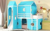 Twin Size Loft Bed with Slide Blue Tent and Tower - Blue