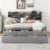 Full Size Wooden Captain Bed with Built-in Bookshelves,Three Storage Drawers and Trundle,Light Grey(Old SKU:GX001029AAE)