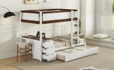 Twin-Over-Twin Bunk Bed with Twin size Trundle, Storage and Desk, White + Walnut