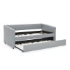 Twin Size Daybed with Trundle Upholstered Sofa Bed, with Vertical Stripes, Linen Fabric, Grey (82.5"x43"x30")