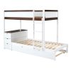 Twin-Over-Twin Bunk Bed with Twin size Trundle, Storage and Desk, White + Walnut