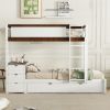 Twin-Over-Twin Bunk Bed with Twin size Trundle, Storage and Desk, White + Walnut
