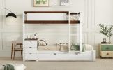 Twin-Over-Twin Bunk Bed with Twin size Trundle, Storage and Desk, White + Walnut