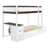 Twin-Over-Twin Bunk Bed with Twin size Trundle, Storage and Desk, White + Walnut