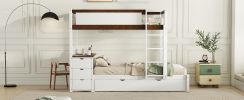 Twin-Over-Twin Bunk Bed with Twin size Trundle, Storage and Desk, White + Walnut