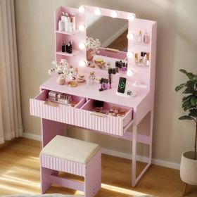 Pink particleboard with a melamine finish, a 2-drawer, 4-shelf dressing table set with 10 three-tone light bulbs, a power strip, and a grille.