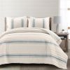 shamsCalifornia King Blue Off-White Cream Stripe 3 Piece Reversible Cotton Quilt Set