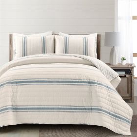 shamsCalifornia King Blue Off-White Cream Stripe 3 Piece Reversible Cotton Quilt Set