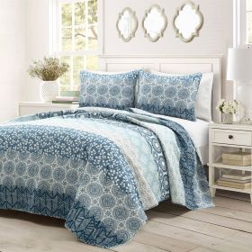 3-Piece California King Lightweight Reversible Botanical Blue Damask Quilt Set
