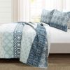 3-Piece California King Lightweight Reversible Botanical Blue Damask Quilt Set