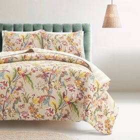 Full/Queen Size 3 PCS Lightweight Peacocks Cotton Quilt Set Tan