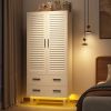 Mid-Century Wardrobe Armoire with Louver Doors Storage Drawers and Hanging Rod