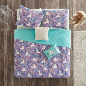 100% Cotton Kids Teal Purple Unicorn Quilt Coverlet Bedspread Set