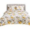 White Yellow Grey 3 Piece Reversible Floral Birds Cotton Quilt Set