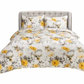 White Yellow Grey 3 Piece Reversible Floral Birds Cotton Quilt Set