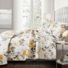 White Yellow Grey 3 Piece Reversible Floral Birds Cotton Quilt Set