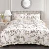 White Yellow Grey 3 Piece Reversible Floral Birds Cotton Quilt Set