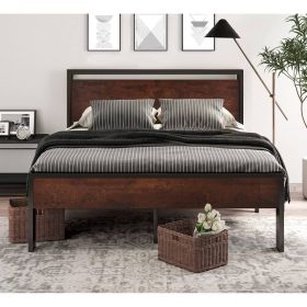 Platform Bed Frame with Mahogany Wood Panel Headboard Footboard