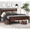 Platform Bed Frame with Mahogany Wood Panel Headboard Footboard