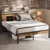 Industrial Platform Bed Frame with Storage Headboard and Power Outlets