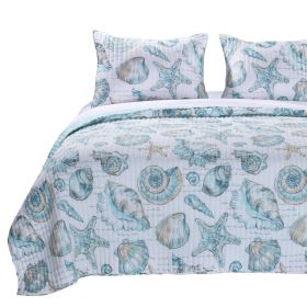 White Teal Coastal Seashells Polyester Reversible Quilt Set